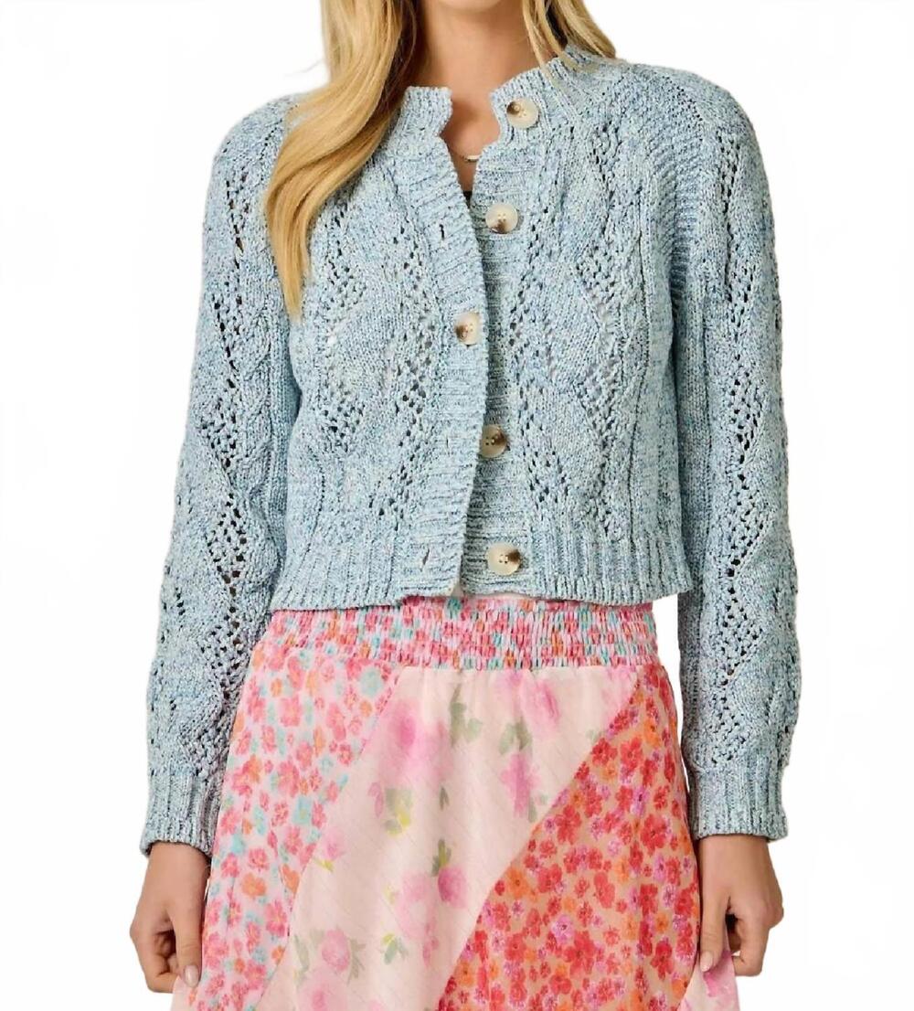 NEW MYSTREE brooklyn cable knit cardigan in blue multi